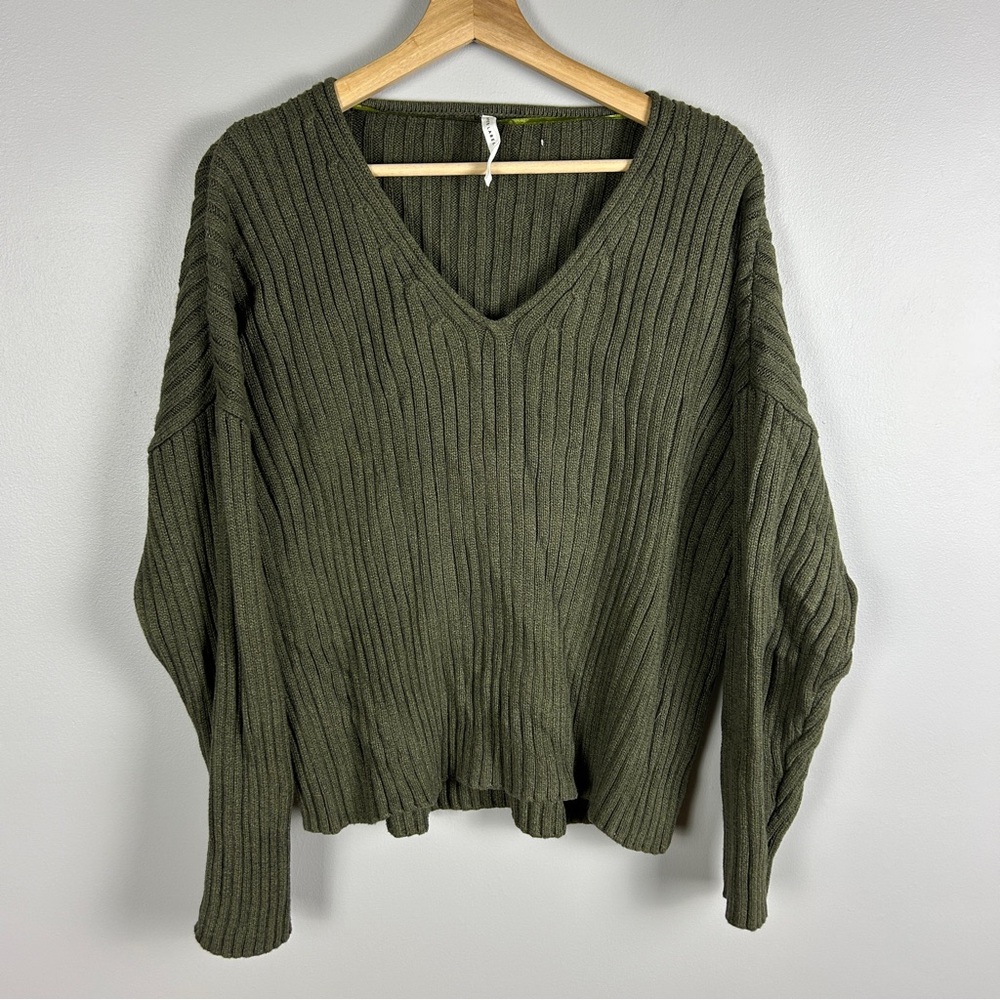 PAPER LABEL Cotton Ribbed V-Neck Sweater Green Size XL Grunge 90s Relaxed Winter